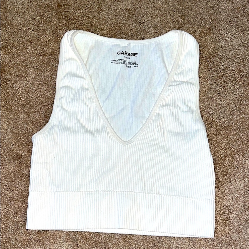 Garage Ivory Ribbed V-Neck Cropped Tank Top.